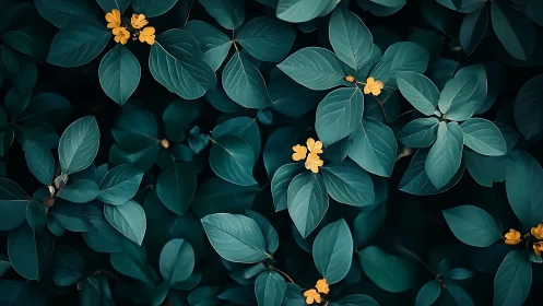 Emerald leaves cradle tiny golden blooms in quiet dusk.