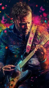 Electric guitarist immersed in neon chromatic particle surge