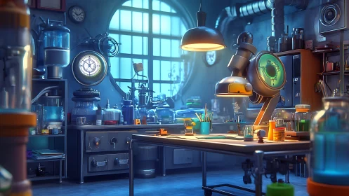 Colorful retro science lab with equipment and tools.