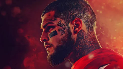 Intense tattooed athlete in fiery cinematic side profile.