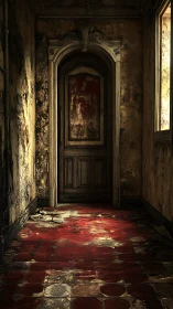 Decayed corridor with ornate door and blood-red tiles.