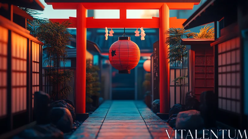 Lantern glows beneath torii gate in tranquil alleyway dusk
