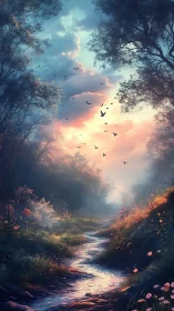 Sunlit forest stream under glowing clouds and birds in flight.