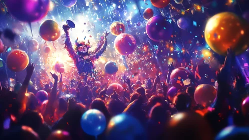 High-energy crowd scene with confetti, balloons and saturated lighting