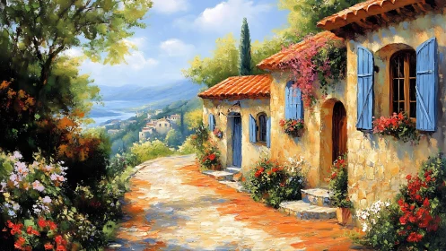 Sunny hillside village path with stone houses and flowers.