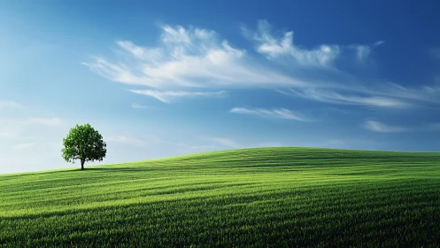 Solitary green tree on rolling hill beneath vivid sky.