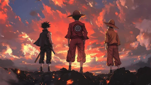 Three straw-hatted youths overlooking ember-lit volcanic horizon