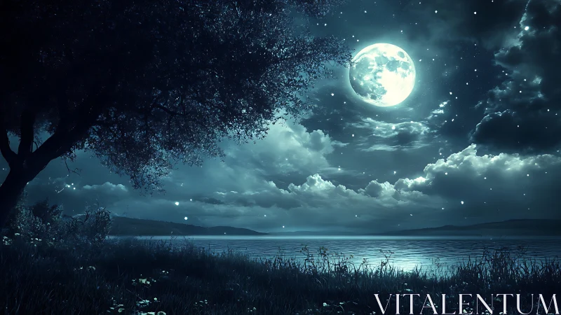 Moonlit lake glows beneath dramatic stormlit clouds.