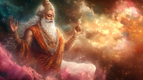 Cosmic sage in luminous nebula with flowing silk robes.