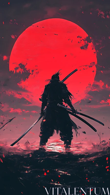 Lone samurai silhouette before colossal crimson moonscape.