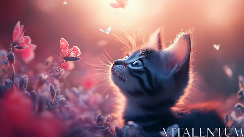 Curious Cat Watching Pink Butterflies at Sunset.