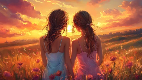 Sisters watch blazing sunset over wildflower meadow