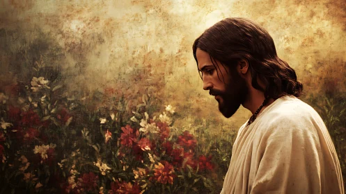 Gentle contemplative figure walking quietly through flowers.