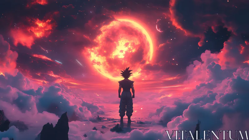 Lone warrior beneath colossal crimson moon in clouds.