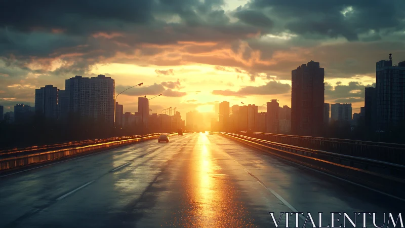 Sunlit urban highway at sunset between tall city blocks.