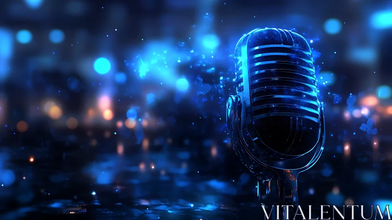 Neon night microphone bathing in glittering city echoes.