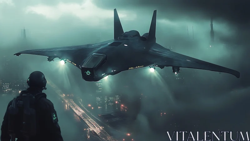 Stealth aircraft over foggy futuristic city at night.