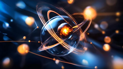 Futuristic Atomic Structure Illustration with Glowing Energy Effects.