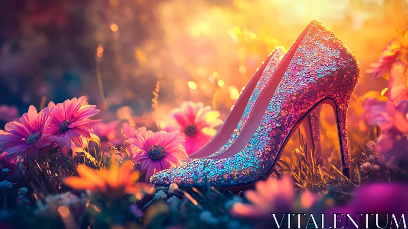 Glittering high heels bloom like jewels in a sunset meadow.