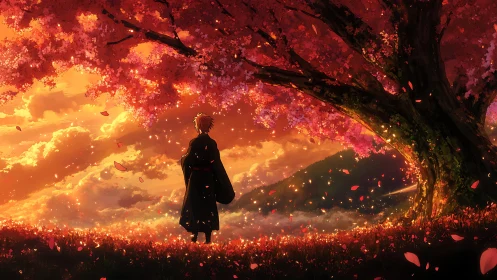 Figure under red tree in glowing sunset landscape.