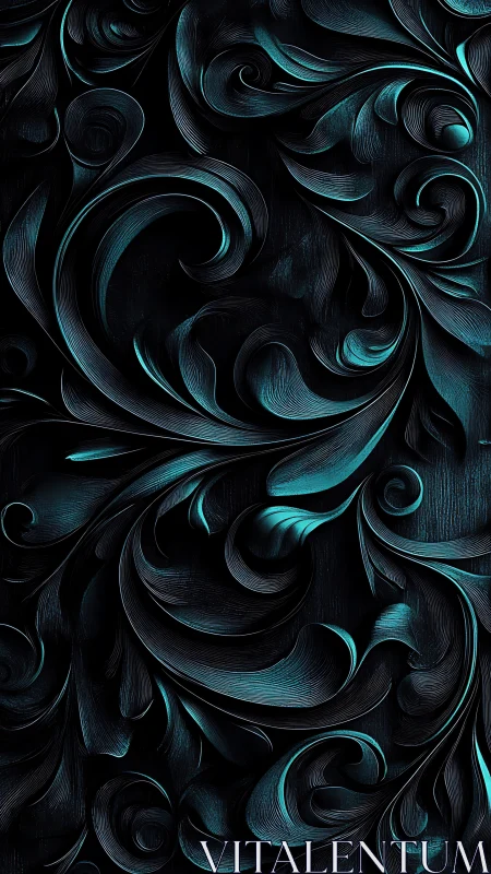 Teal luminous scrolls swirl over dark carved wood grain.