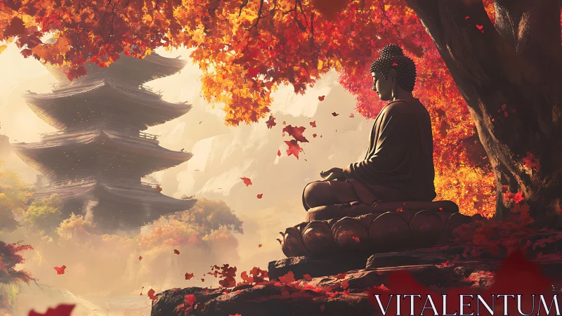 Buddha statue amid red autumn leaves and distant pagoda.