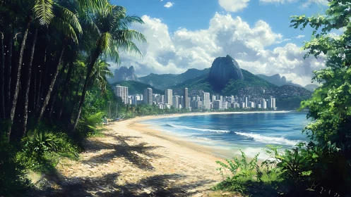 Tropical Coastal Urban Interface: Dense Skyline Framed by Vegetation.