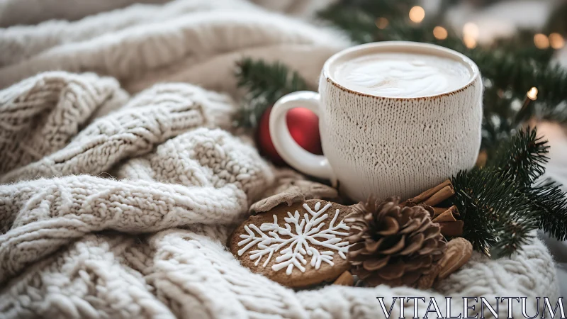 Creamy winter latte glows beside cookies on soft knits