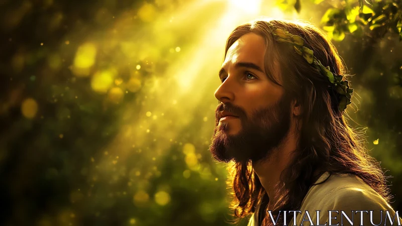 Bearded man with wreath in forest under sunlit rays.