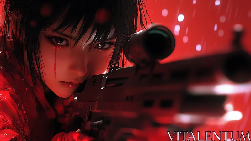 Red drenched sniper girl with bleeding tear in rainfall.