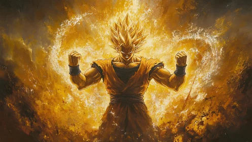 Golden energy warrior stands within blazing aura circle.