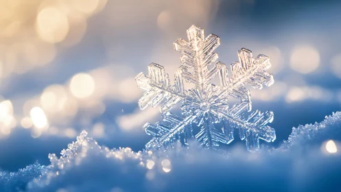 Macro snowflake crystal under warm winter backlight glow.