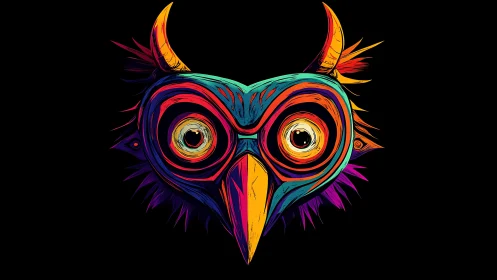 Neon horned owl mask glows boldly against deep black