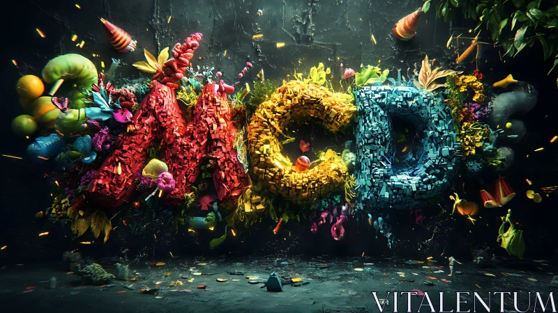 Colorful 3D letters MCD built from scattered fragments.