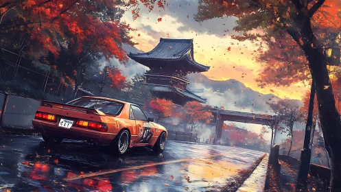 Retro sports car traverses wet autumn road near Japanese temple