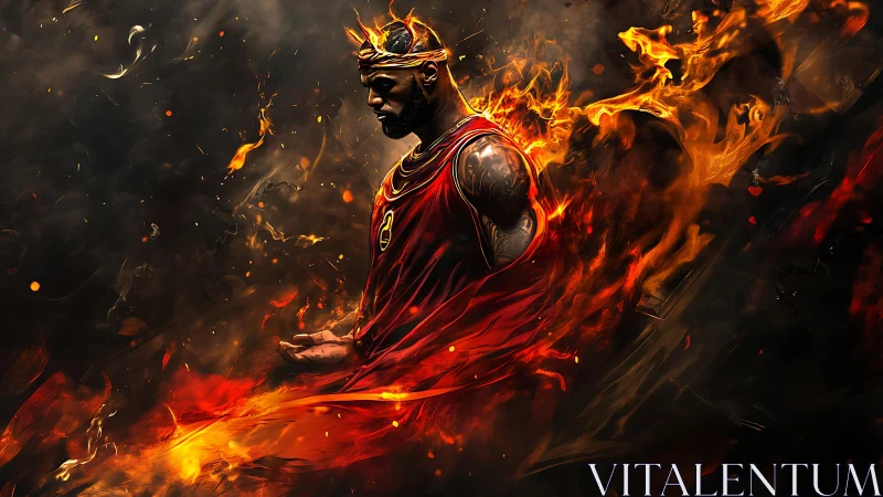 Fiery basketball warrior crowned in blazing confidence.