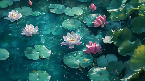 Sunlit lotus blossoms drifting across teal rippled water.