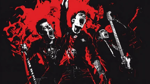 Rock band silhouettes erupt against stark red backdrop