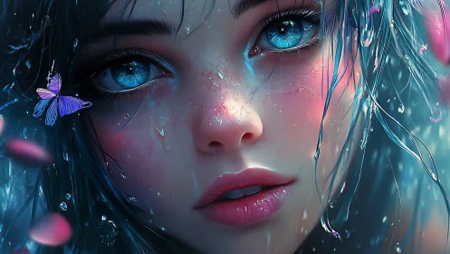 Ethereal blue eyed girl in rain with glowing butterfly.