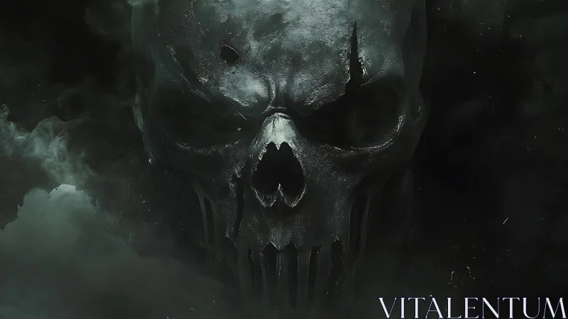 Smoky metallic skull emerges from shadowed void. Period.