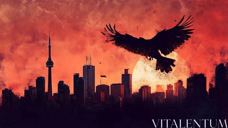 Silhouetted bird over red city skyline at sunset.