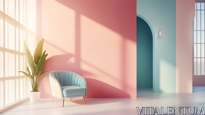 Pastel modern lounge with accent chair and arched doorway.