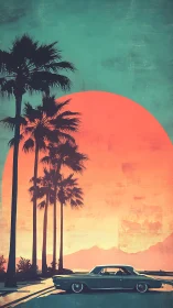 Neon sun melts over palm-lined boulevard and vintage coupe.