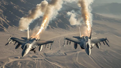 Two modern fighter jets deploy flares over desert terrain
