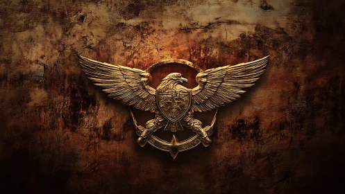 Winged war emblem glows like molten metal on aged stone