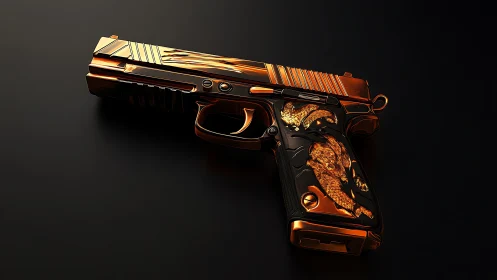 Luxurious gold-plated handgun gleams against dark backdrop