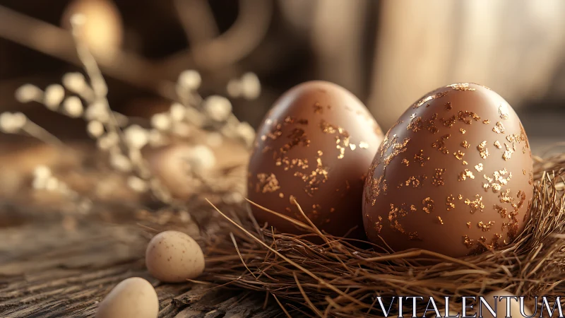 Golden speckled eggs in rustic nest on wooden table.