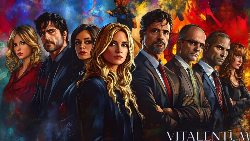 Serious ensemble stands against vibrant abstract background