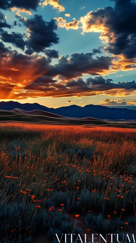 Sunset light over wildflower meadow and distant ridges.
