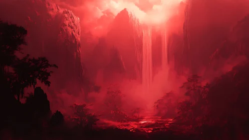 Bloodred falls unravel a dreamlike valley of burning mist